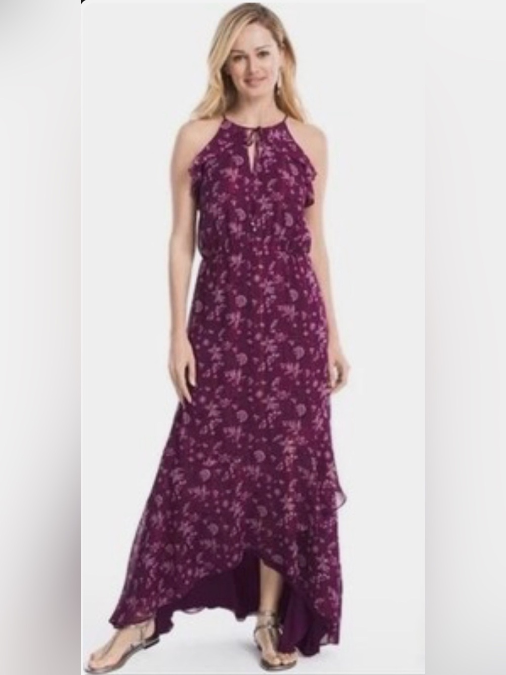 White House Black Market Plum Floral Chiffon Halter Maxi Dress. Size 12